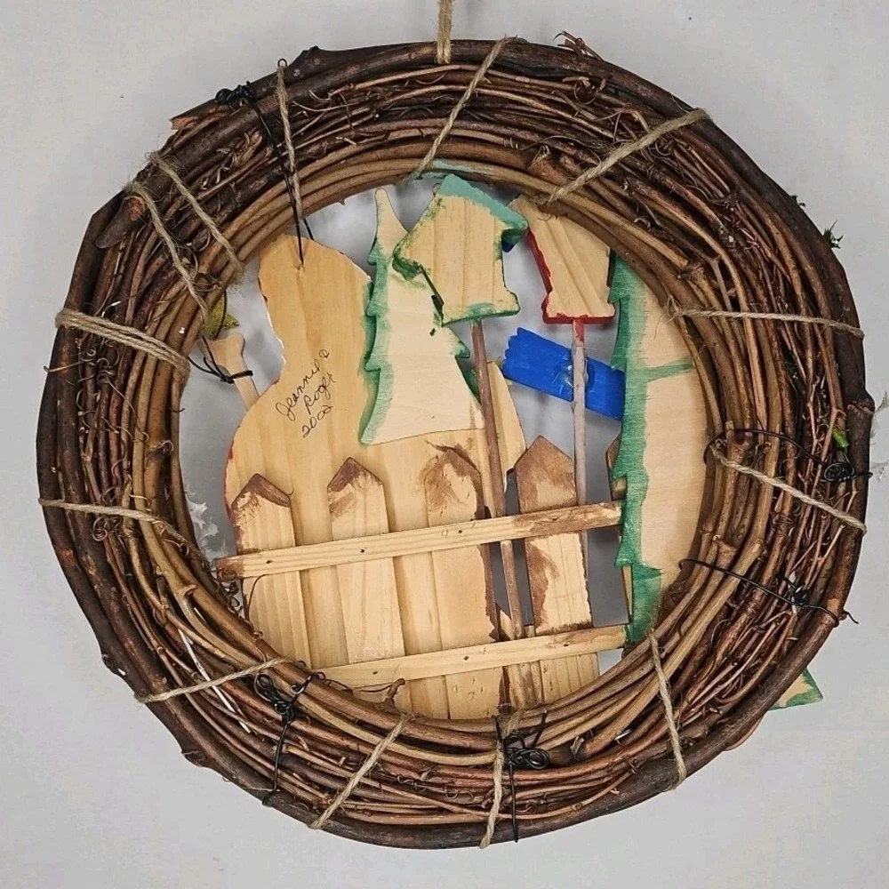 Santa Twine Vtg Christmas Wreath Retro Garden Wooden Attach Pcs 14 Inch Y2k Mist